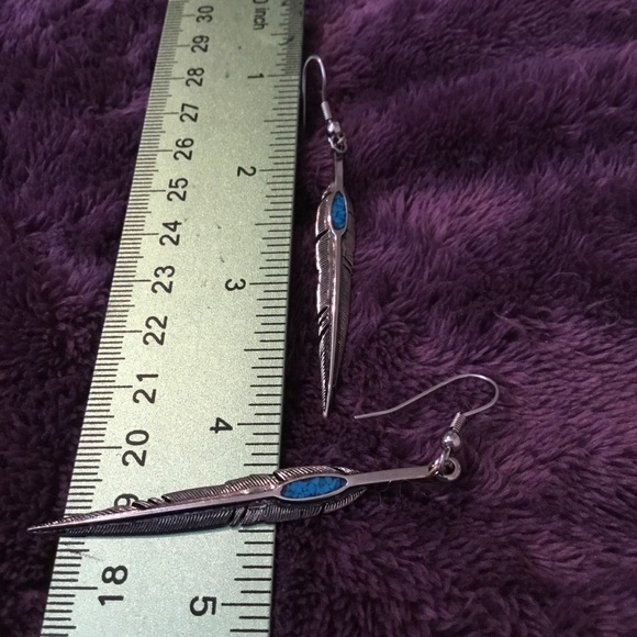 Vintage Native American 925 Arrow Feather Turquoise Dangle Earrings - Picture 4 of 15